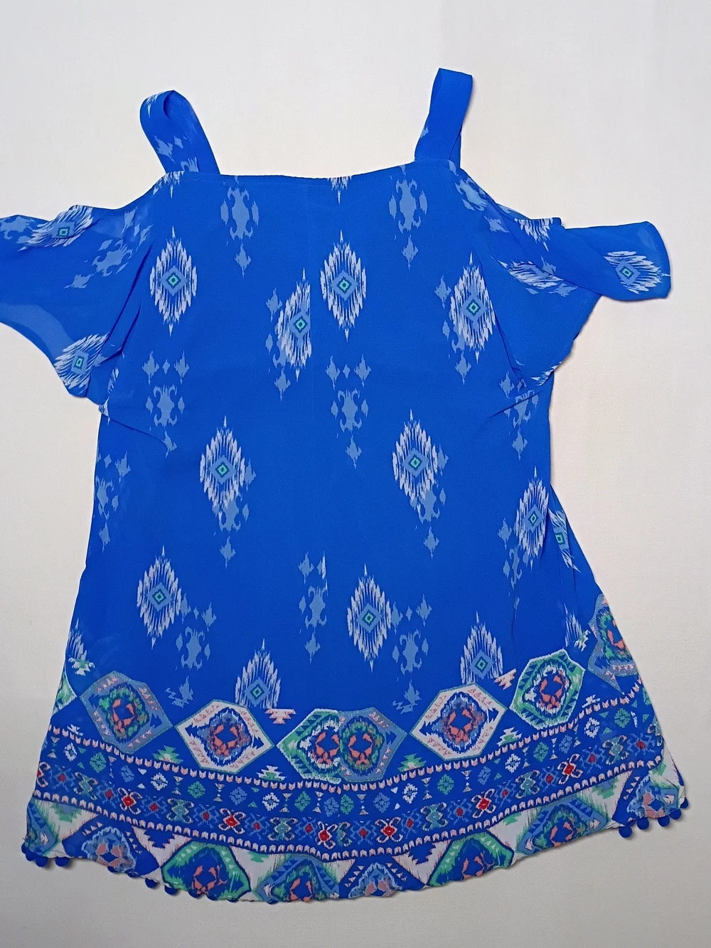 My Michelle Girls A Line Shift Dress Size 16 Blue Geometric Pattern Pom Trim